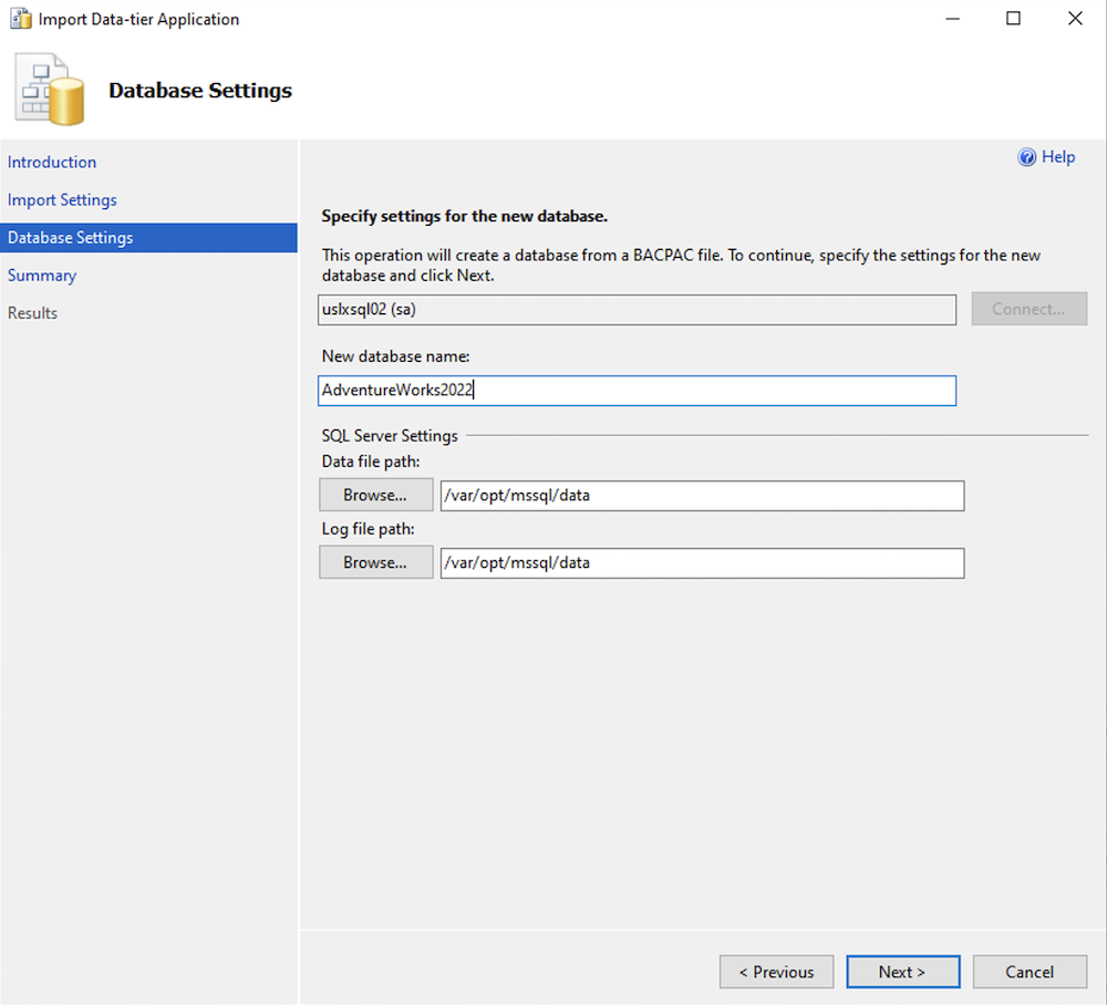 Import bacpac file settings.