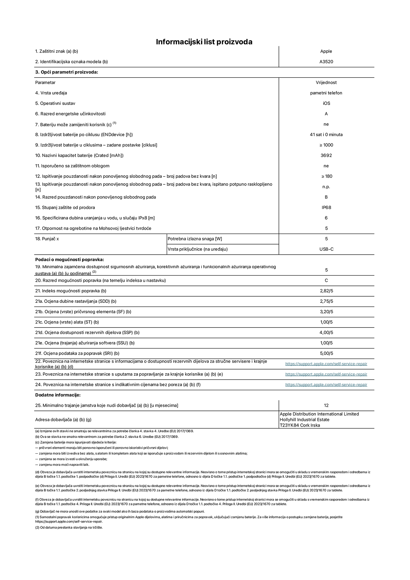 List s informacijama o proizvodu za iPhone 17, model A3520. Isporučuje Apple Distribution International Limited, Hollyhill Industrial Estate. Cork, Irska, T23 YK84. Vrsta uređaja: pametni telefon. Operacijski sustav: iOS. Razred energetske učinkovitosti: A. Korisnički zamjeniva baterija: ne. Izdržljivost baterije po ciklusu: 41 sat. Trajanje baterije u ciklusima - zadane postavke: 1000 ili više. Nazivni kapacitet baterije: 3692 miliamper-sata. Isporučuje se za zaštitnim pokrovom: ne. Test pouzdanosti pri višekratnim slobodnim padovima – broj padova bez kvara: 180 ili više. Test pouzdanosti pri višekratnim slobodnim padovima – broj padova bez kvara testiranih u potpuno proširenom stanju: nije primjenjivo. Razred pouzdanosti pri višekratnim slobodnim padovima: B. Ocjena zaštite od prodora: IP68. Specificirana dubina uranjanja u vodu u slučaju ocjene iPx8:  6 metara. Otpornost na grebanje zaslona na Mohsovoj ljestvici tvrdoće: 5. Potrebna izlazna snaga punjača: 5 vata. Vrsta utičnice za punjač (na uređaju): USB-C. Minimalna zajamčena dostupnost sigurnosnih ažuriranja, korektivnih ažuriranja i ažuriranja funkcija operacijskog sustava: 5 godina. Razred popravljivosti: C. Indeks popravljivosti: 2,82/5. Ocjena dubine rastavljanja (SSD):  2,75/5. Ocjena pričvrsnih elemenata: 3,20/5. Ocjena alata: 1,00/5. Ocjena rezervnih dijelova: 4,00/5. Ocjena ažuriranja softvera: 1,00/5. Ocjena informacija o popravcima: 5,00/5. Veza na informacije o dostupnosti rezervnih dijelova za profesionalne servisere i krajnje korisnike: https://support.apple.com/self-service-repair. Veza na upute za popravljanje za krajnje korisnike: https://support.apple.com/self-service-repair. Veza na indikativne cijene prije poreza: https://support.apple.com/self-service-repair. Ponuđeno je 12-mjesečno općenito jamstvo.