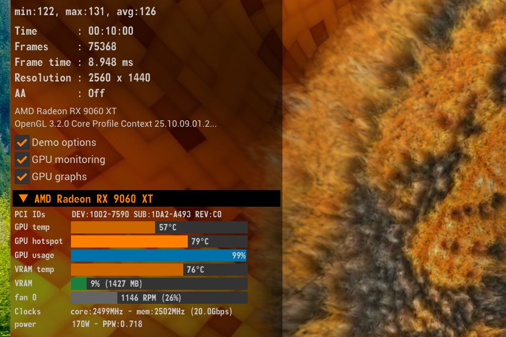 負載功耗約 170W、核心溫度57度,記憶體亦有 76 度,機箱要有對流。