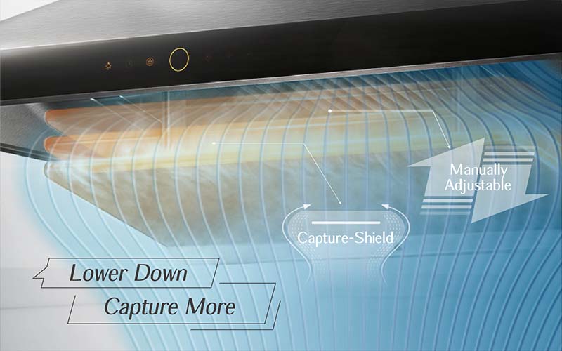 Manually-Adjustable Captur-Shield on the EMS9026 range hood.