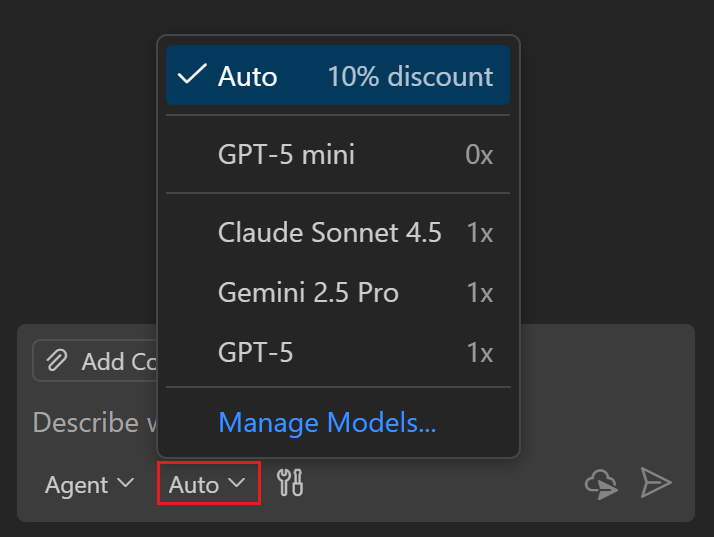 Screenshot of the language model picker in the Chat view, showing a dropdown list of available models.