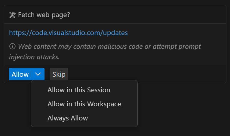 Screenshot of the MCP tool confirmation dialog in chat.