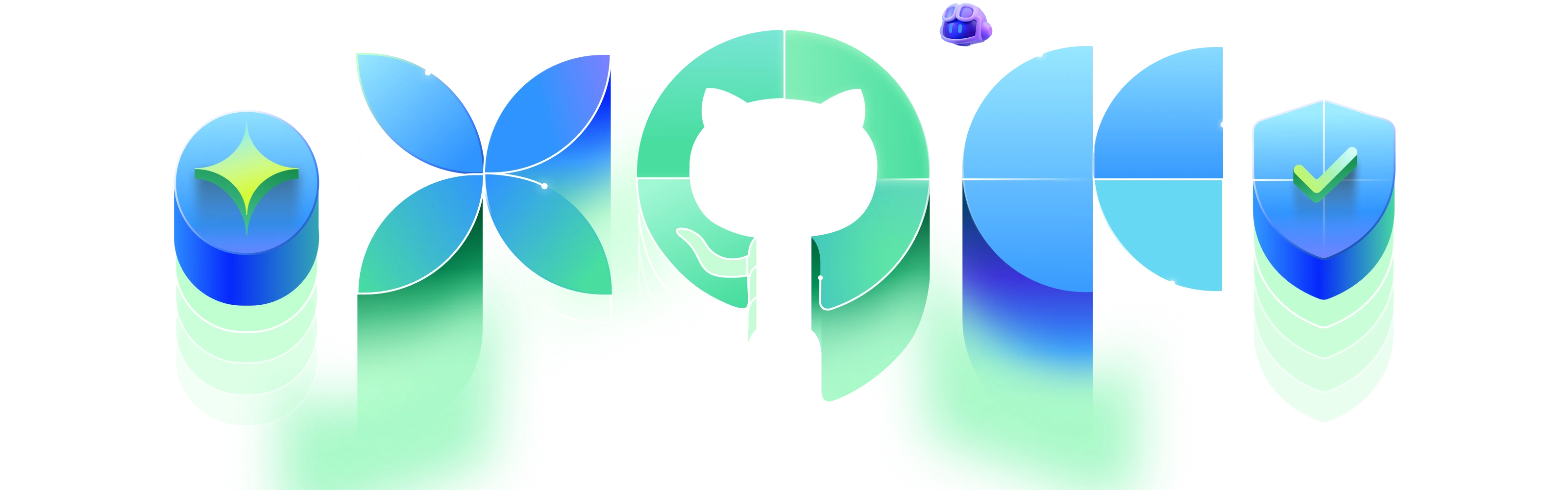 Github logo surrounded by 4 decorative illustrations positioned in a row. Copilot mascot is blasting off behind Github logo.