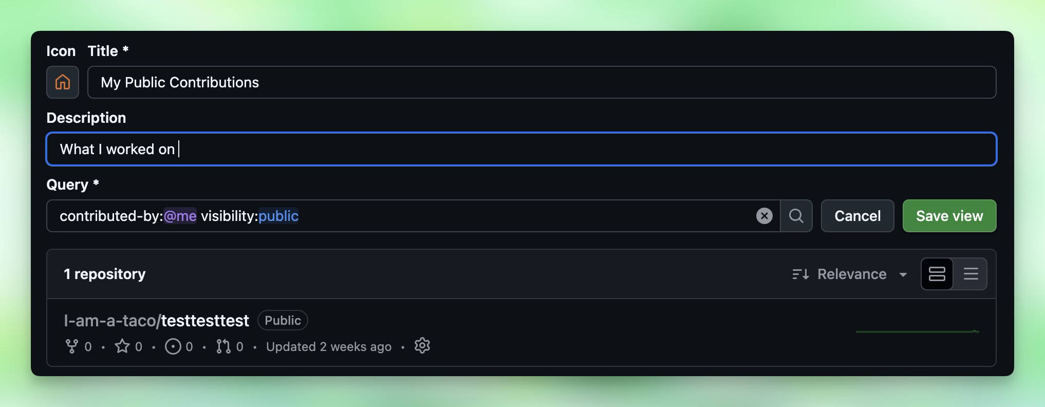 Repository dashboard displaying a saved view