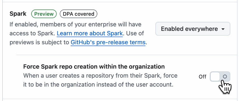 Org admin setting for spark repository creation rules