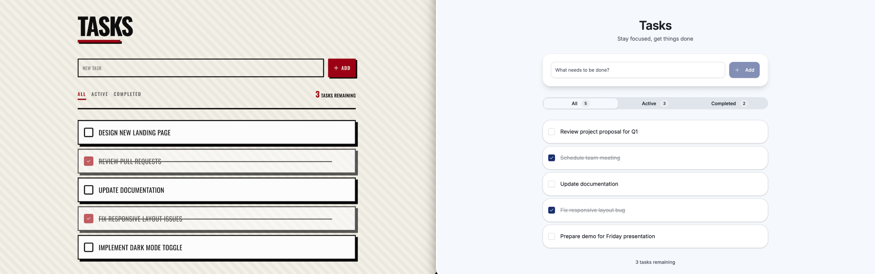 Side-by-side comparison of to-do app generated after and before improvements