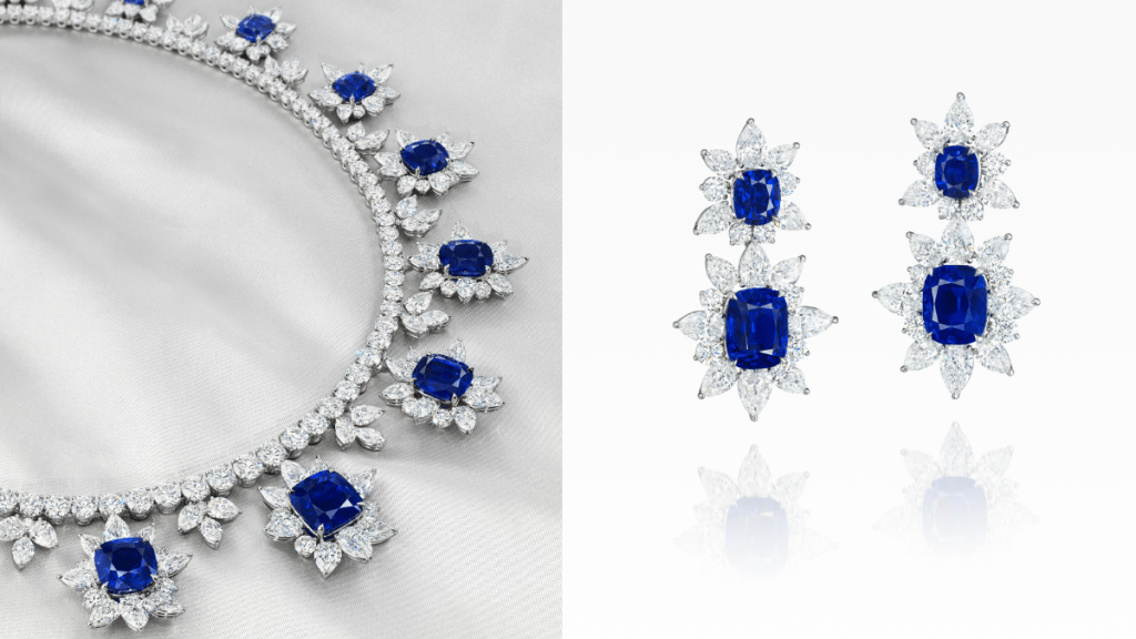 是次的焦點項目是一條名為「The Royal Blue」的項鏈（圖左），這件獨一無二、極至珍稀的珠寶作品，鑲嵌了16顆共重達104.61卡的罕有枕形喀什米爾皇家藍藍寶石。