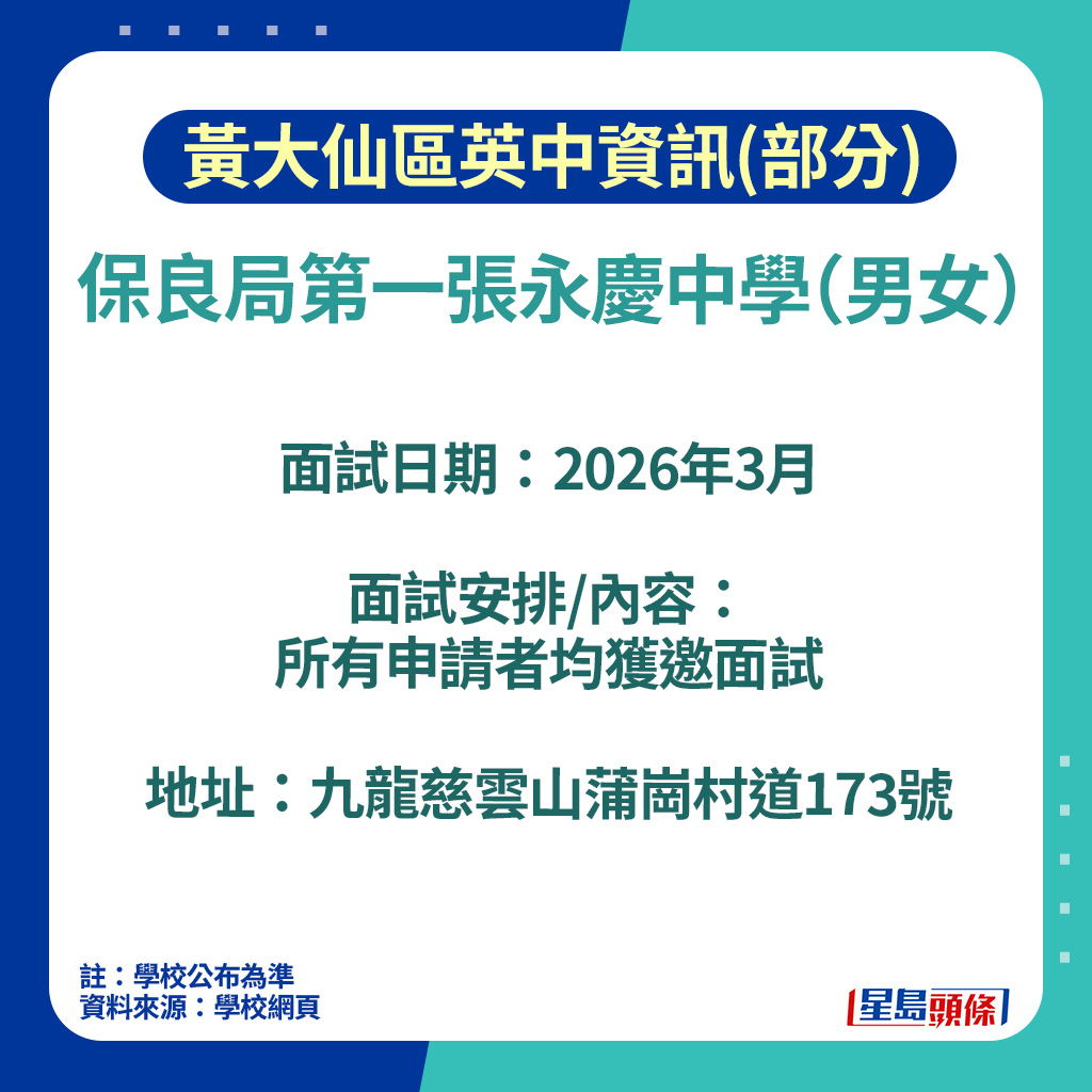黃大仙區英中入學資訊(部分)2026|保良局第一張永慶中學面試安排 黃大仙區英中入學資訊(部分)2026|保良局第一張永慶中學面試安排