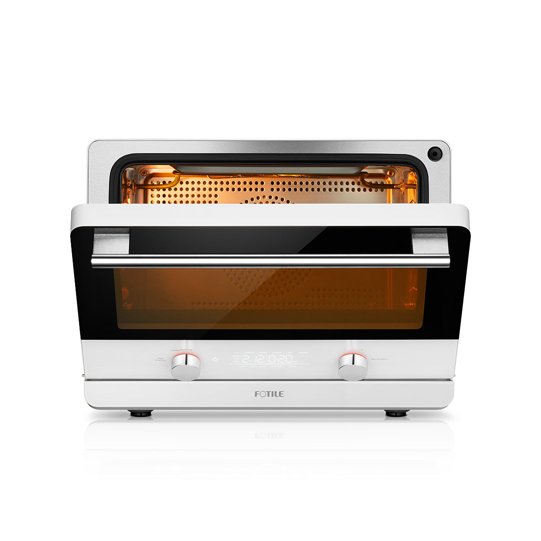 A multifunctional countertop oven with a sleek design, the FOTILE Combi Steam Oven features a clear glass front door with two control knobs and a digital display. The combi-steam oven interior is illuminated with warm light, showcasing the brand name 